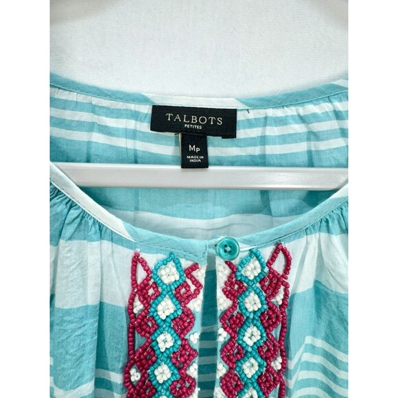 Talbots Peasant Beaded Top Womens MP Blue Stripe Long Sleeve Keyhole Lightweight - Picture 4 of 8